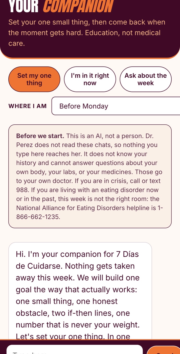 The companion chat on a phone, with Set my one thing, I'm in it right now, and Ask about the week